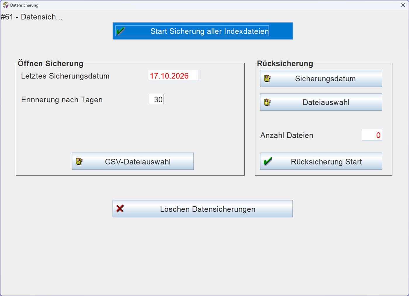 Maske Datensicherung mit Sicherung und Rücksicherung